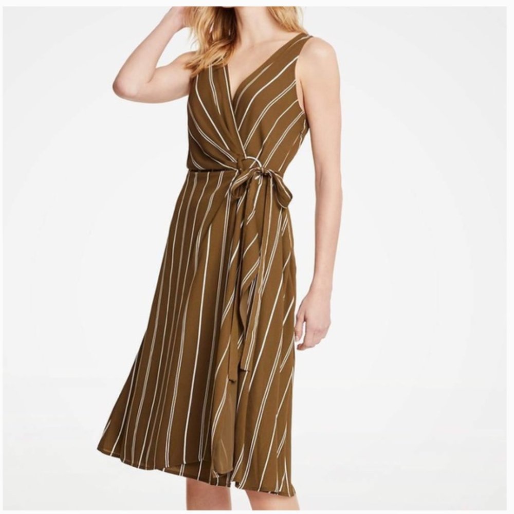 Ann Taylor Olive green striped wrap dress